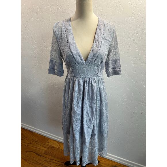 Free People Blue Embroidered Lace Midi Dress- Size 4 - Picture 7 of 12